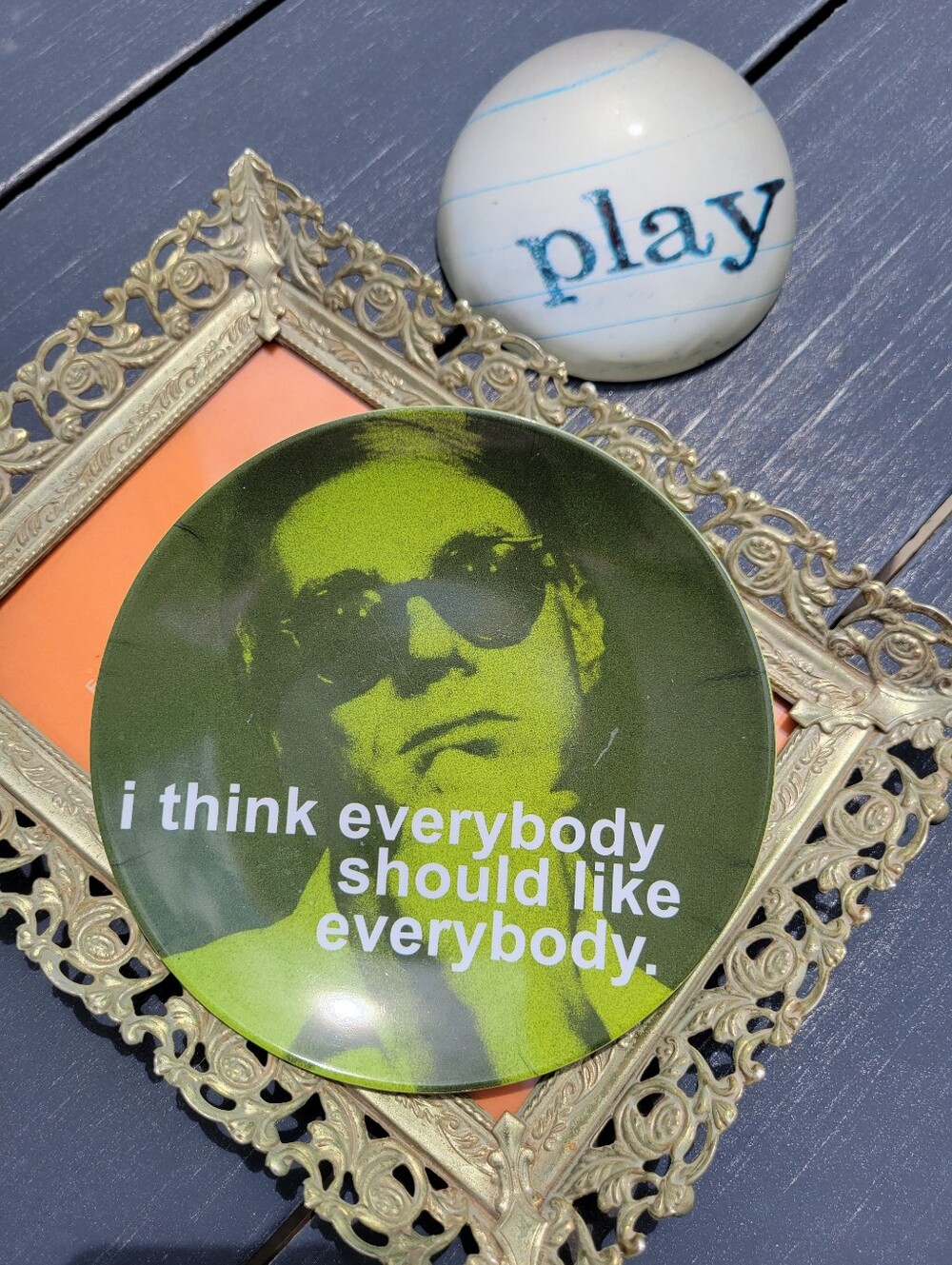 Andy Warhol Green Graphic Quote Plate "i think everybody should like everybody."